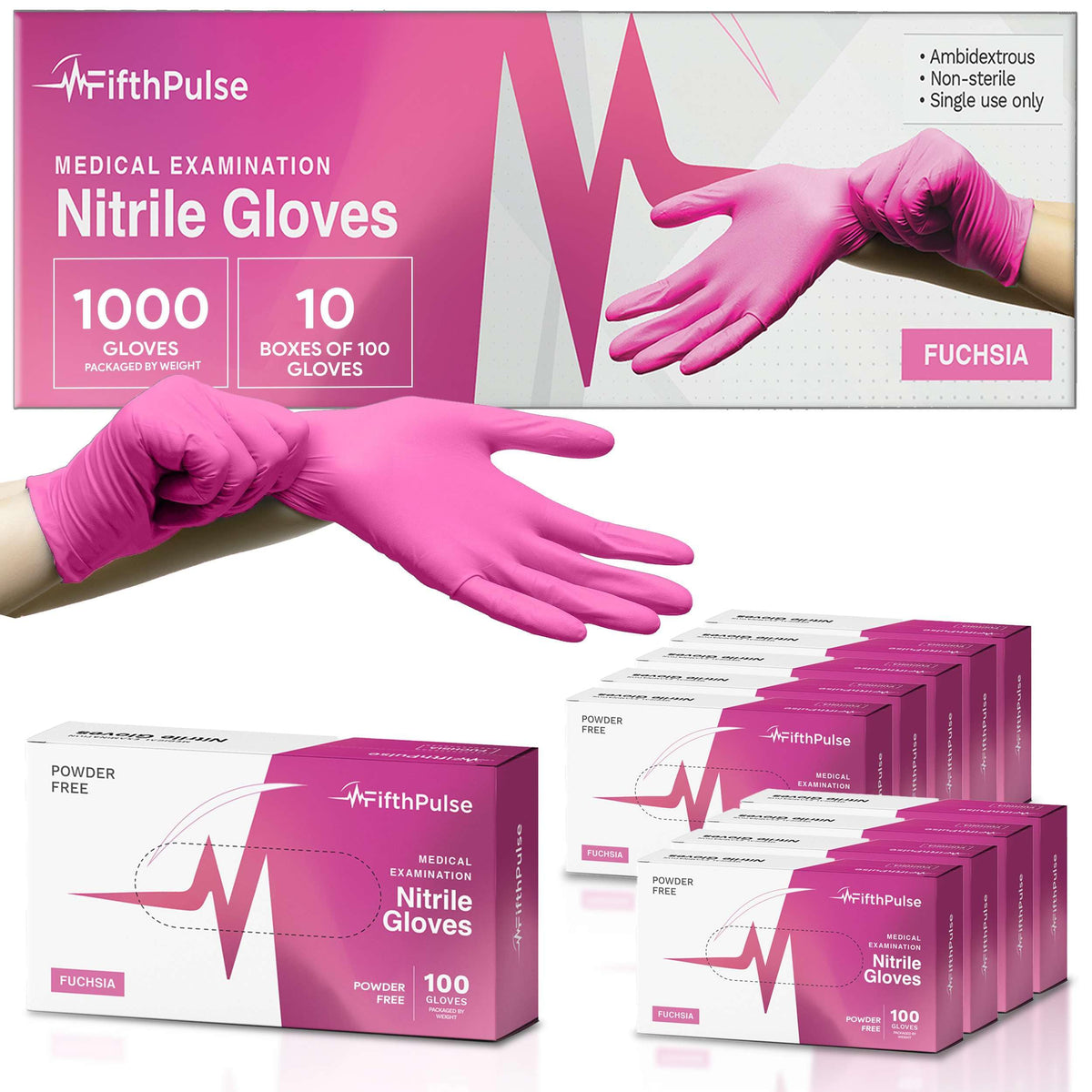 FifthPulse Fuchsia Hot Pink Nitrile Disposable Gloves -3 Mil Medical Exam Nitrile Gloves -Powder and Latex Free