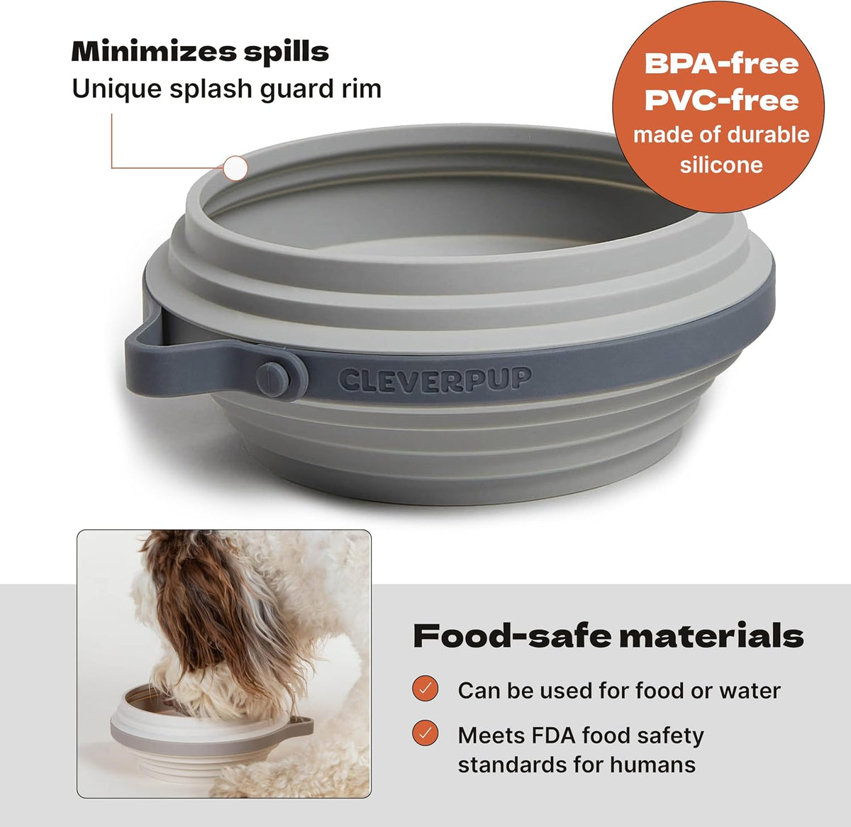 Cleverpup Nomad Large Collapsible Travel Dog Bowl - 4 Cup, Grey Silicone