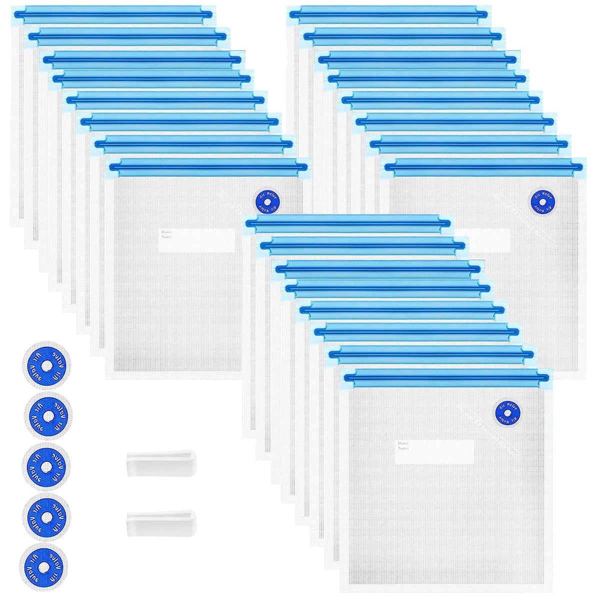 Sous Vide Bags 31 Pcs (24 Pcs Vacuum Zipper Bags & 2 Seal Clips & 5 Air Valves),Reusable BPA Free Vacuum Sealer Bags Vacuum Food Storage Bags for Cooking/Food Storage/Microwave Heating
