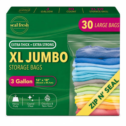 Seal Fresh 3 Gallon Large Plastic Storage Bags - 16 x 18 Inch (15 Count) - Reusable Write-On XXL Extra Large Big Oversized Clear Jumbo Zip Top Bags with Sealable Zipper for Clothes, Travel, Moving