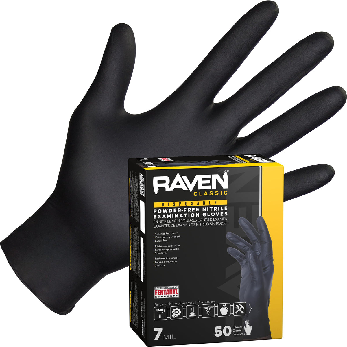 Raven Powder Free Nitrile Disposable Gloves | 7 Mil | Latex Free, Chemical + Puncture Resistant, Single Use |