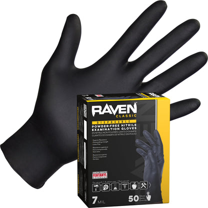 Raven Powder Free Nitrile Disposable Gloves | 7 Mil | Latex Free, Chemical + Puncture Resistant, Single Use |