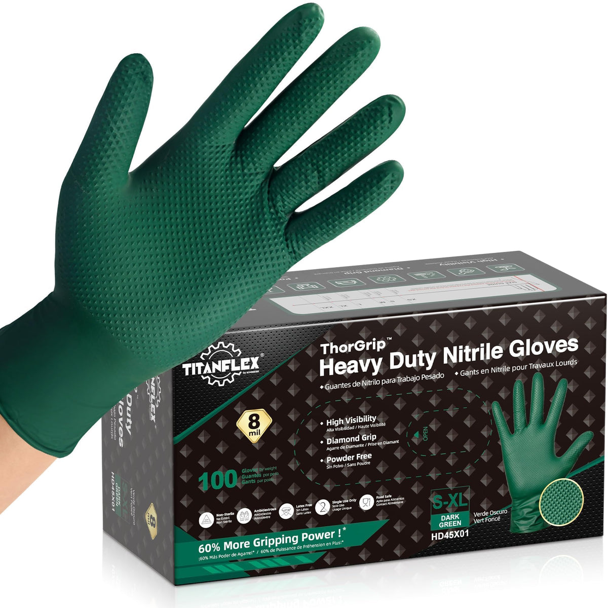 TitanFlex Heavy Duty Industrial Nitrile Gloves with Raised Diamond Texture, 8-mil, Latex Free (Green/Dark Green/Yellow)