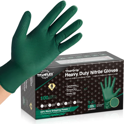 TitanFlex Heavy Duty Industrial Nitrile Gloves with Raised Diamond Texture, 8-mil, Latex Free (Green/Dark Green/Yellow)