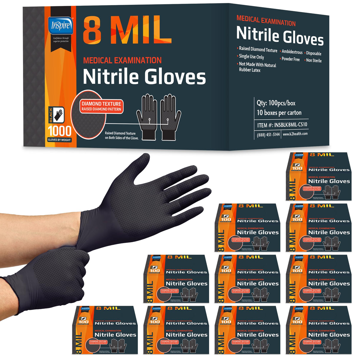 Inspire 6 or 8 Mil HEAVY DUTY Stretch Nitrile Black Gloves Disposable Latex Free