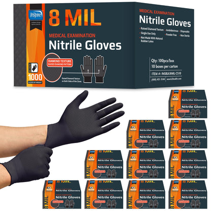 Inspire 6 or 8 Mil HEAVY DUTY Stretch Nitrile Black Gloves Disposable Latex Free
