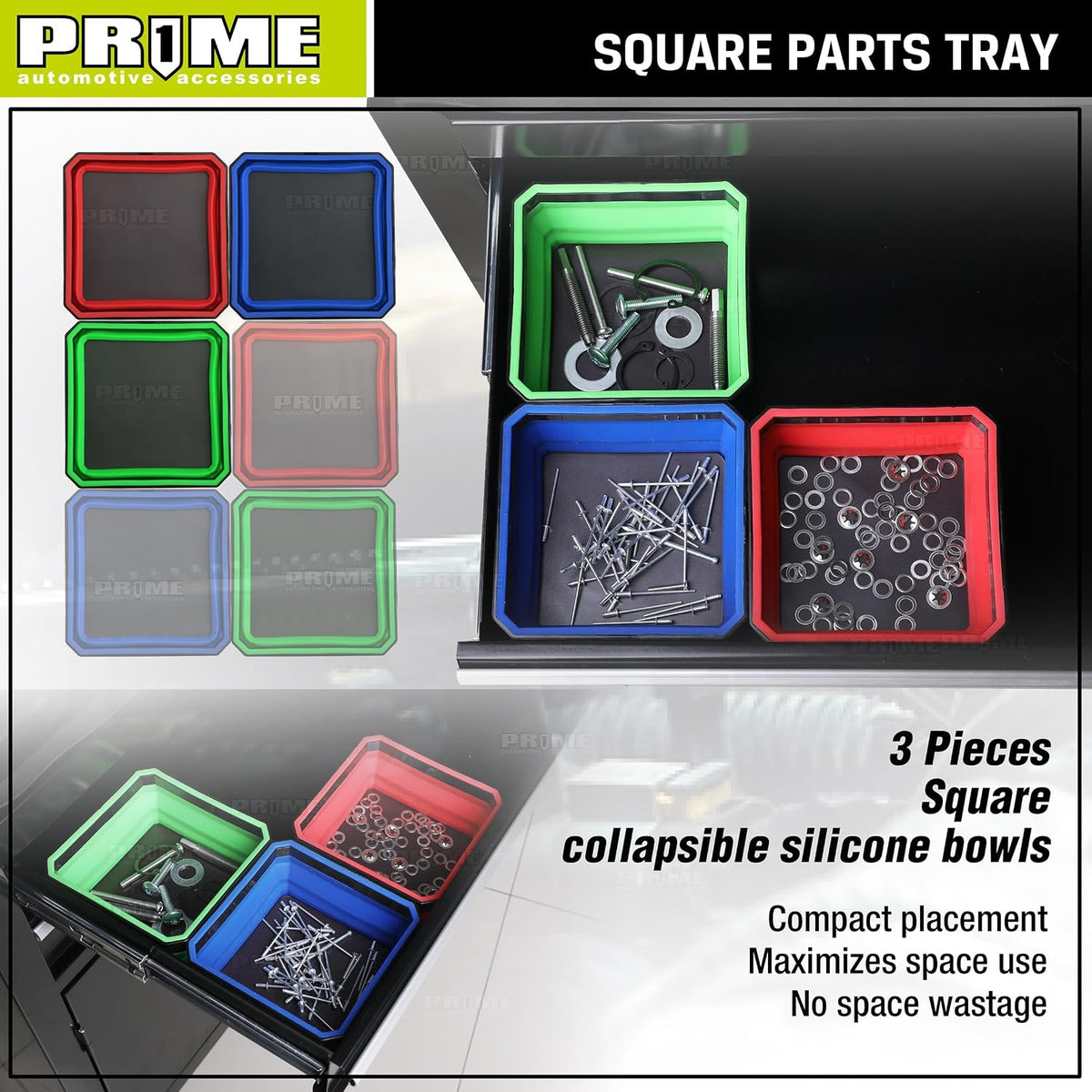 PR1ME Collapsible Magnetic Parts Tray Set, Foldable Magnetic Tray, 3 Pieces 4.25 inch Square Silicone Bowls with Magnetic Base Stores and Organizes Small Parts and Tools