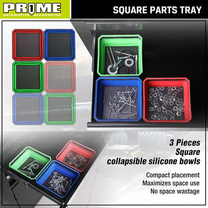 PR1ME Collapsible Magnetic Parts Tray Set, Foldable Magnetic Tray, 3 Pieces 4.25 inch Square Silicone Bowls with Magnetic Base Stores and Organizes Small Parts and Tools