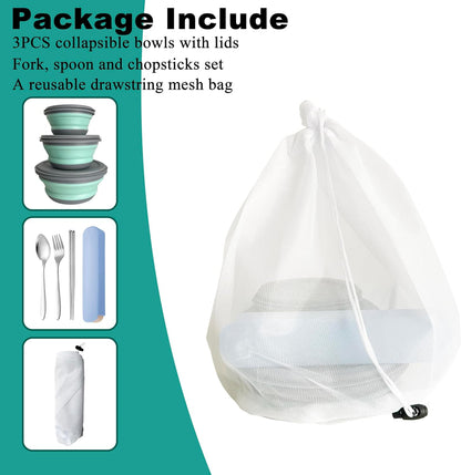 Camping Bowls, 3PCS Collapsible Bowls with Cutlery and Reusable Storage Bag, Food-Grade Silicone Lunch Box with Lids for Camping Picnic Travel (Blue)