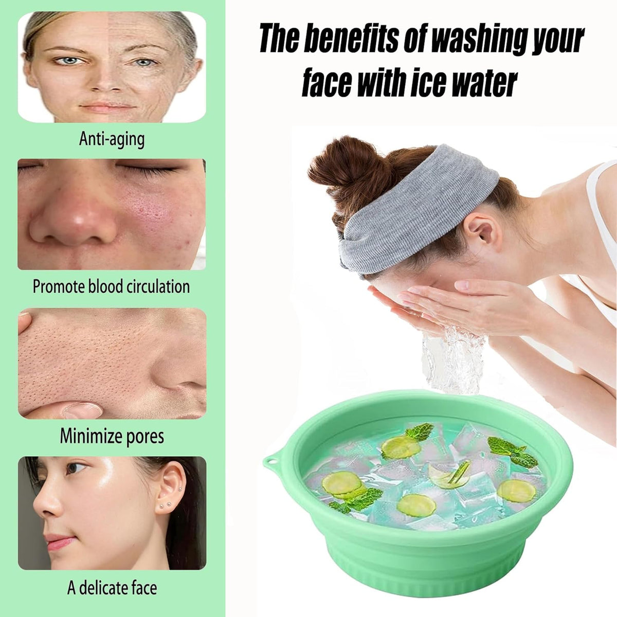 Foldable Face Ice Bath Bowl with Built-In Ice Tray (Green).