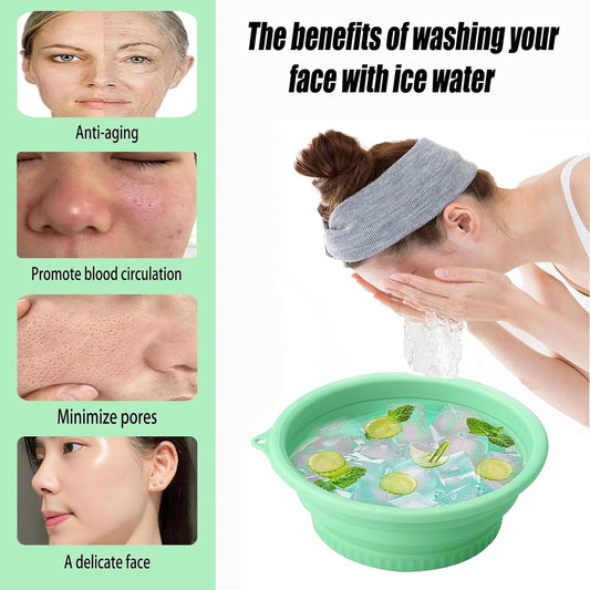 Foldable Face Ice Bath Bowl with Built-In Ice Tray (Green).