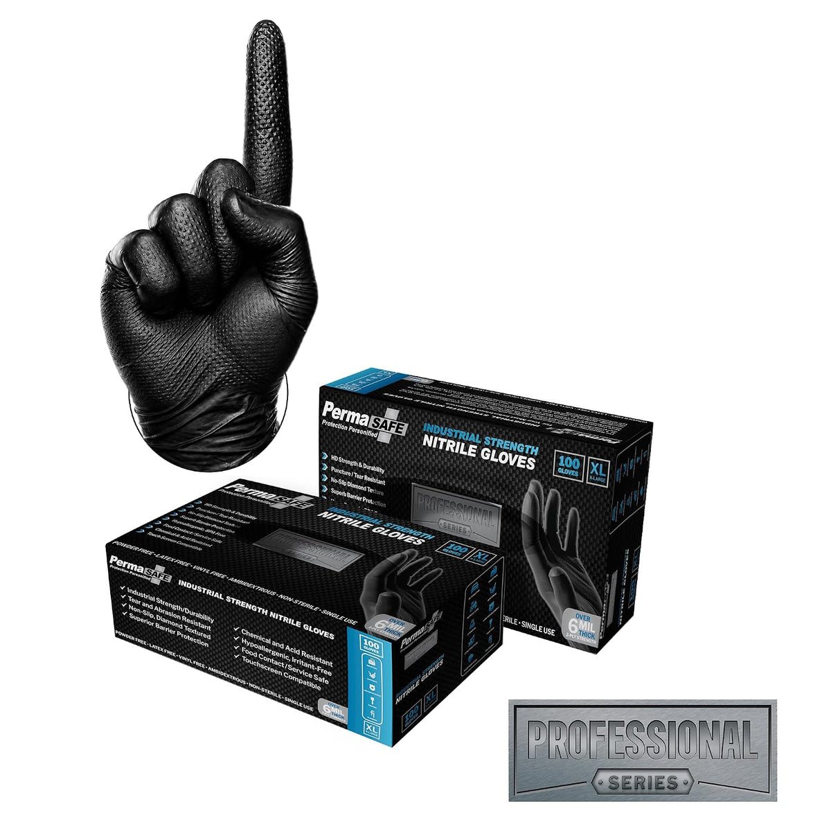 PermaSafe Black Nitrile Gloves | Heavy Duty 6+ Mil Industrial Grade Protection | Powder and Latex-Free Nitrile Disposable Gloves with Raised Textured Grip | Ideal for Mechanics, Construction & More
