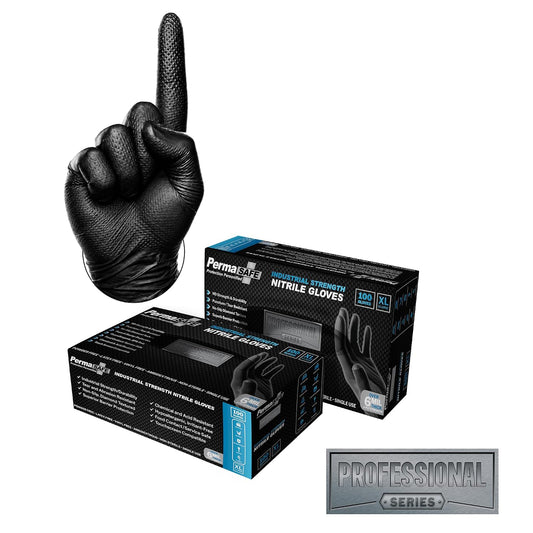 PermaSafe Black Nitrile Gloves | Heavy Duty 6+ Mil Industrial Grade Protection | Powder and Latex-Free Nitrile Disposable Gloves with Raised Textured Grip | Ideal for Mechanics, Construction & More