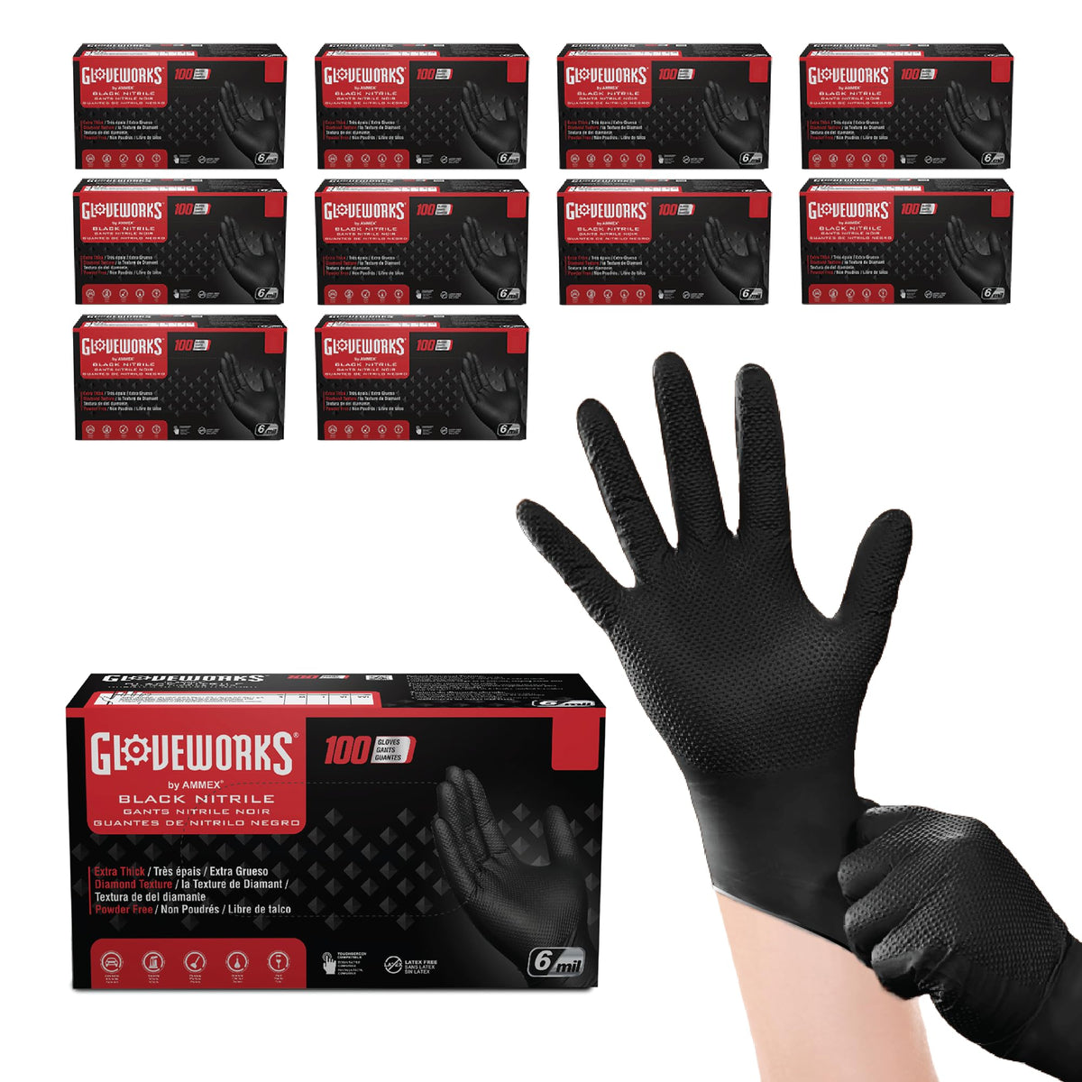 GLOVEWORKS Black Nitrile Gloves 6 Mil Diamond Textured for Mechanic Work