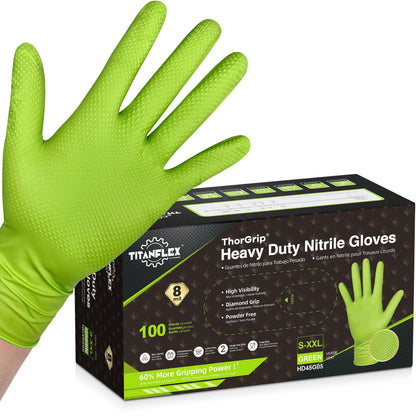 TitanFlex Heavy Duty Industrial Nitrile Gloves with Raised Diamond Texture, 8-mil, Latex Free (Green/Dark Green/Yellow)