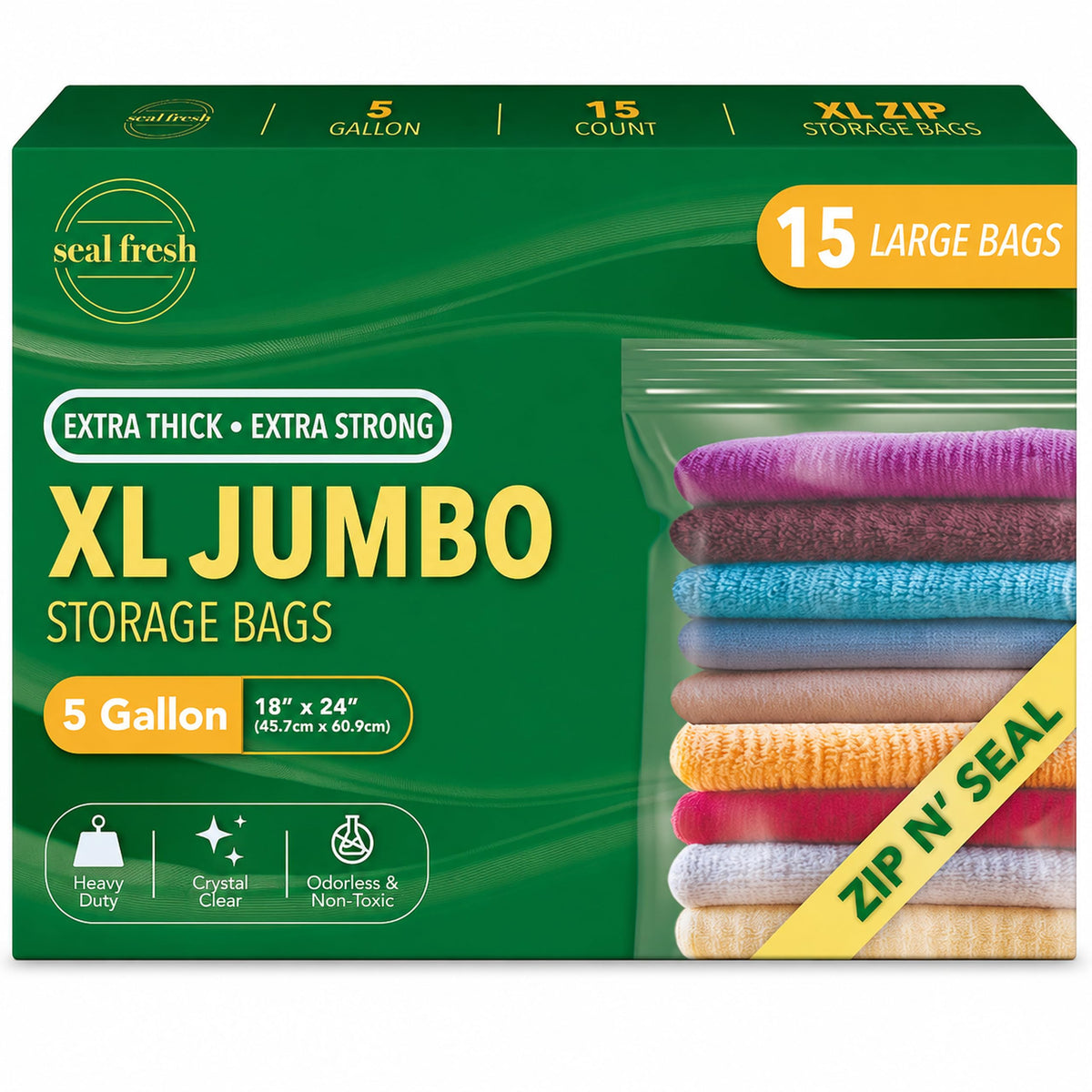Seal Fresh 3 Gallon Large Plastic Storage Bags - 16 x 18 Inch (15 Count) - Reusable Write-On XXL Extra Large Big Oversized Clear Jumbo Zip Top Bags with Sealable Zipper for Clothes, Travel, Moving