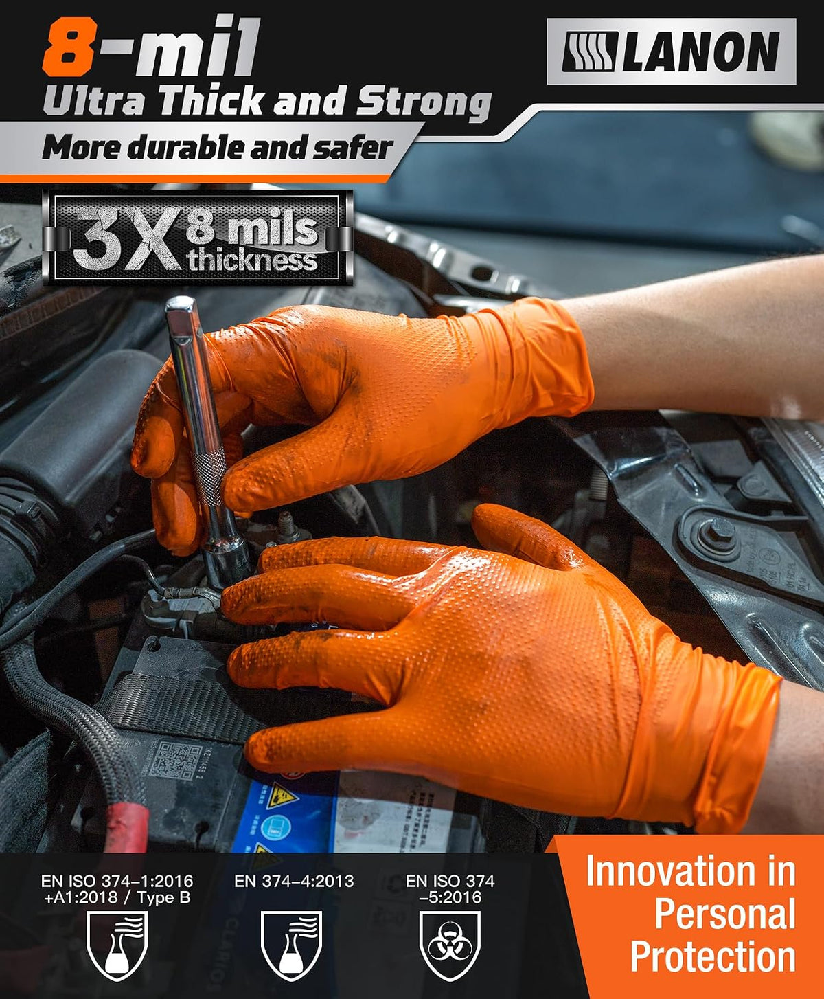 LANON 8mil Orange Disposable Nitrile Gloves,Mechanic,Heavy Duty,Large
