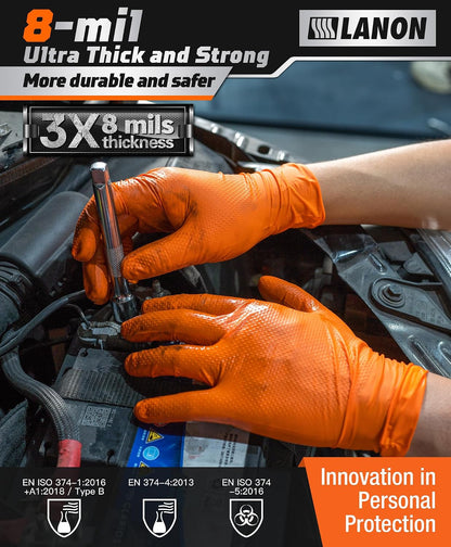 LANON 8mil Orange Disposable Nitrile Gloves,Mechanic,Heavy Duty,Large