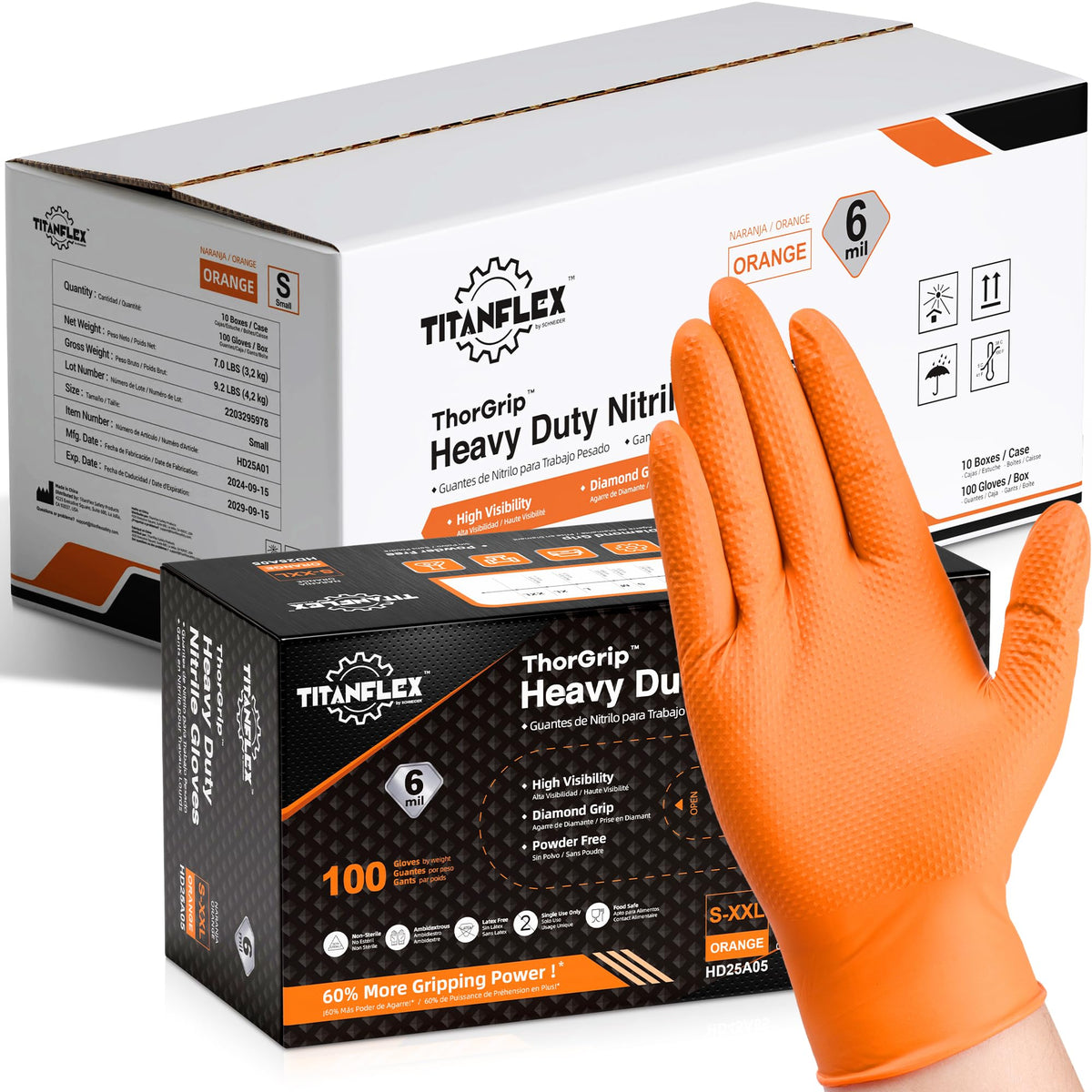 TitanFlex Heavy Duty Industrial Orange Nitrile Gloves, 8-mil, Gloves Disposable Latex Free with Raised Diamond Texture Grip, Powder Free, Rubber Glove, Mechanic Gloves,100-ct Box (Large)