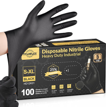 TitanFlex Heavy Duty Black Nitrile Gloves, 5 Mil, Fully Textured, Mechanic Disposable Gloves, Latex Free & Powder Free 100 ct (L)