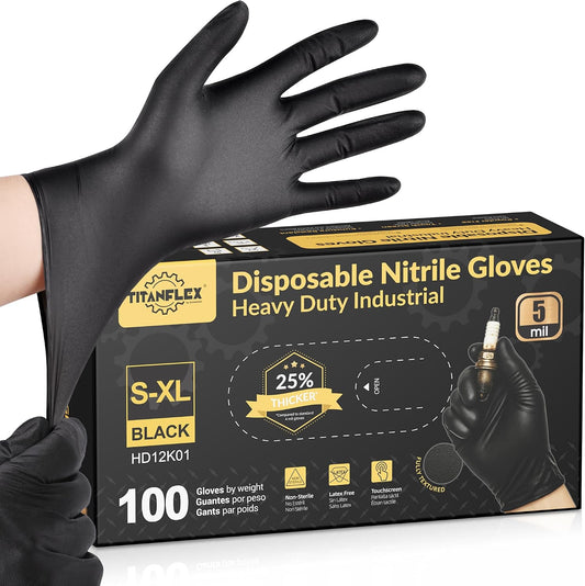 TitanFlex Heavy Duty Black Nitrile Gloves, 5 Mil, Fully Textured, Mechanic Disposable Gloves, Latex Free & Powder Free 100 ct (L)
