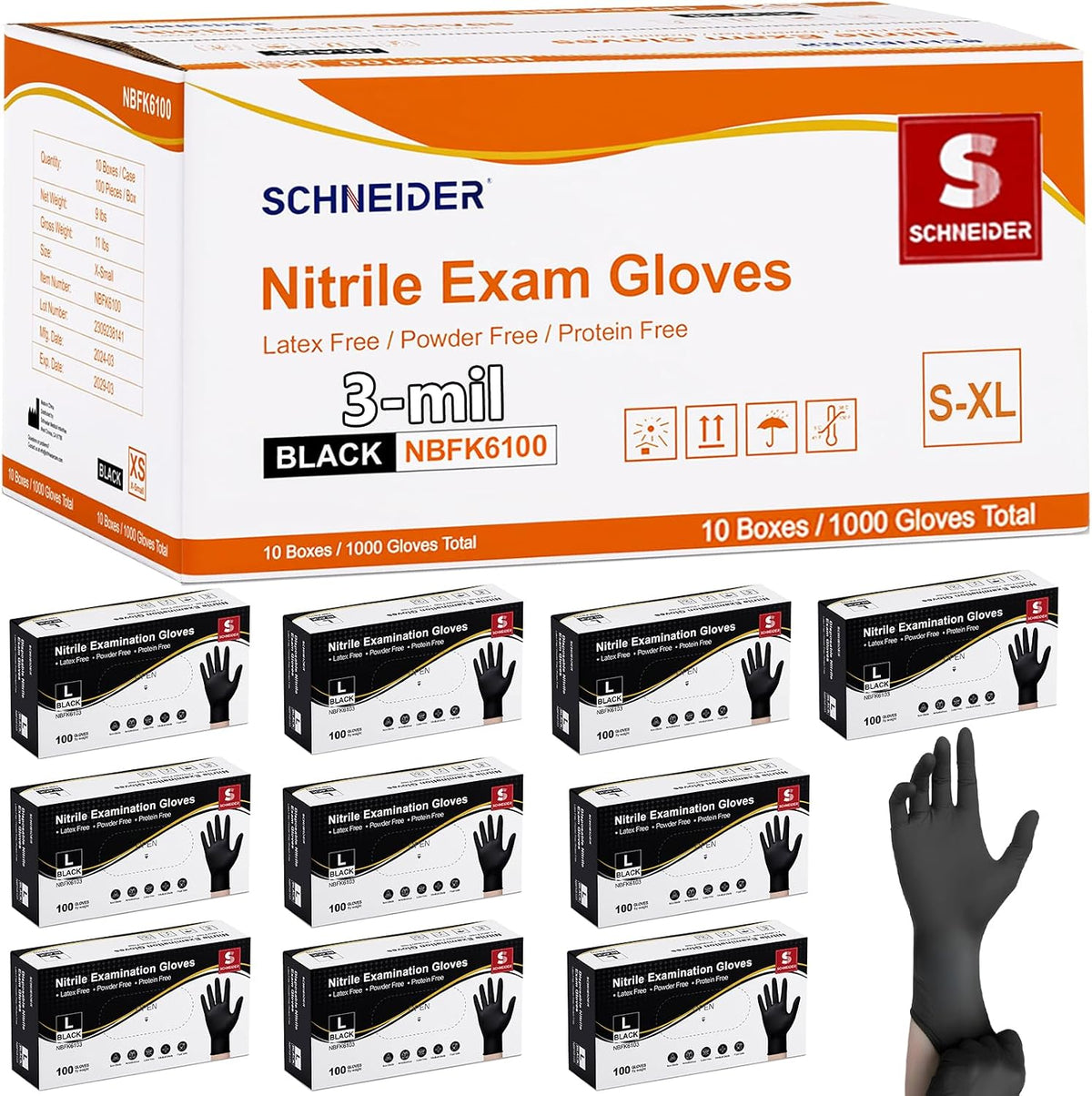 Schneider Black Nitrile Gloves, Gloves Disposable Latex Free, 1000 Count
