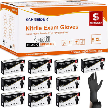 Schneider Black Nitrile Gloves, Gloves Disposable Latex Free, 1000 Count