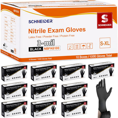 Schneider Black Nitrile Gloves, Gloves Disposable Latex Free, 1000 Count