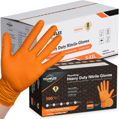 TitanFlex Heavy Duty Industrial Orange Nitrile Gloves, 8-mil, Gloves Disposable Latex Free with Raised Diamond Texture Grip, Powder Free, Rubber Glove, Mechanic Gloves,100-ct Box (Large)