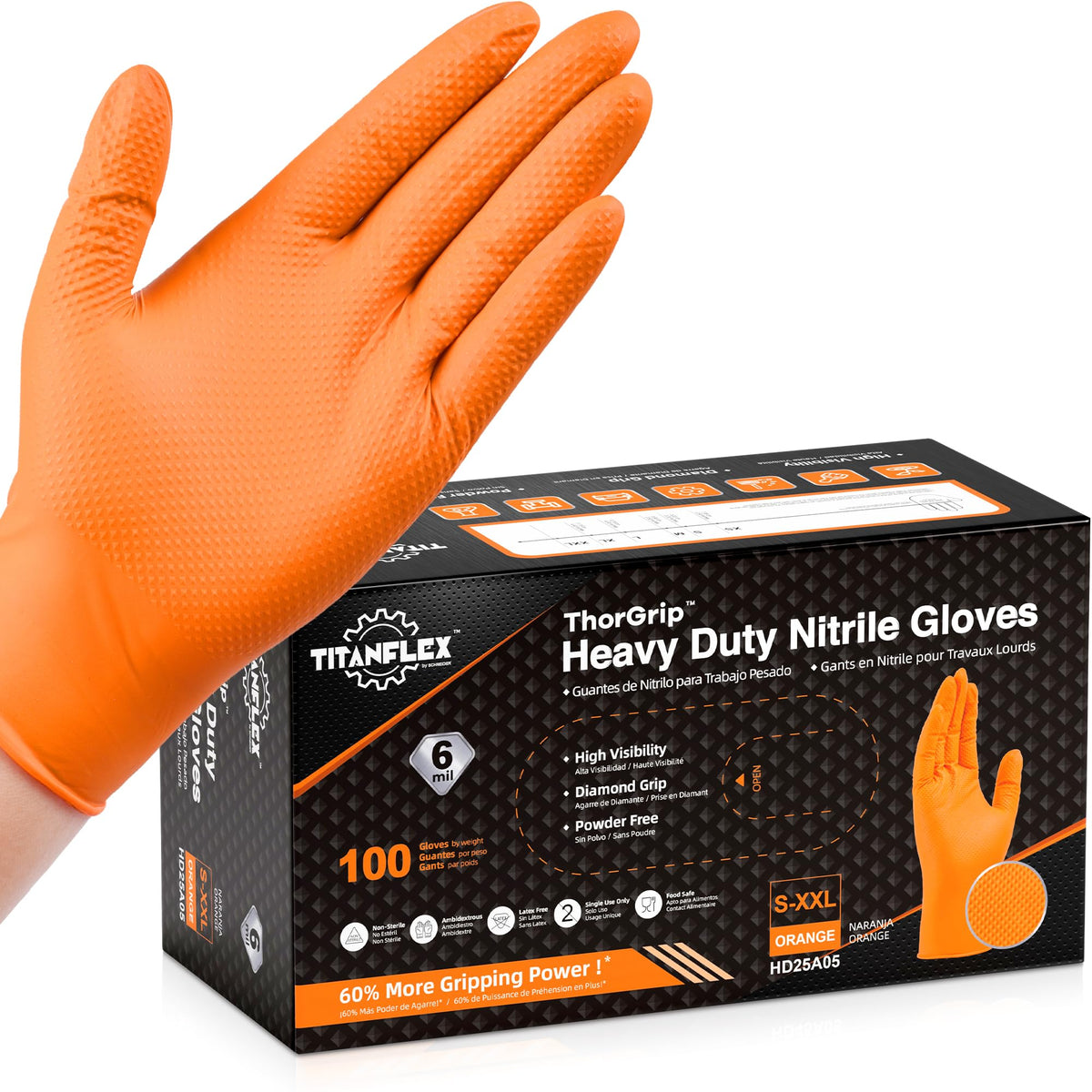 TitanFlex Heavy Duty Industrial Orange Nitrile Gloves, 8-mil, Gloves Disposable Latex Free with Raised Diamond Texture Grip, Powder Free, Rubber Glove, Mechanic Gloves,100-ct Box (Large)