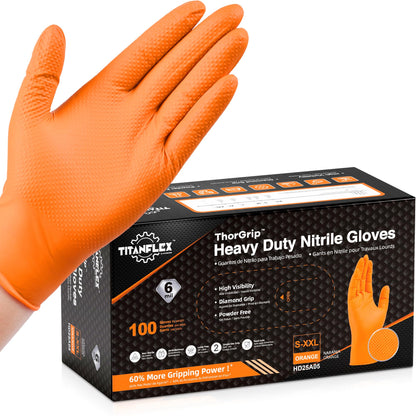 TitanFlex Heavy Duty Industrial Orange Nitrile Gloves, 8-mil, Gloves Disposable Latex Free with Raised Diamond Texture Grip, Powder Free, Rubber Glove, Mechanic Gloves,100-ct Box (Large)