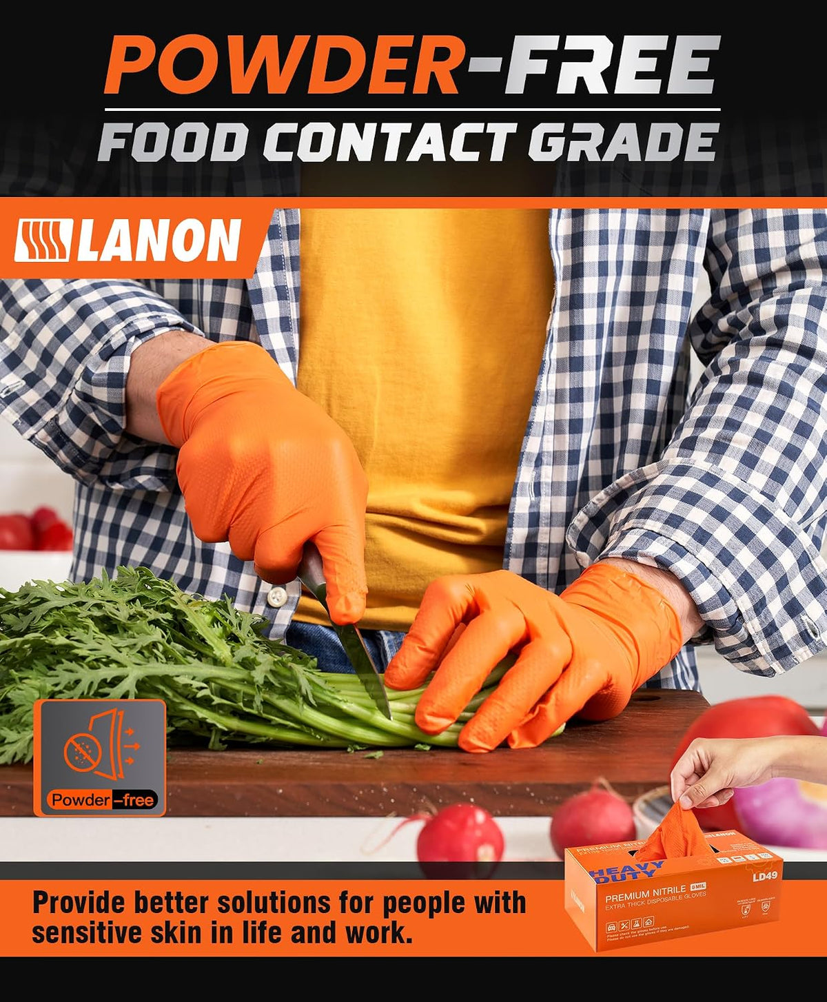 LANON 8mil Orange Disposable Nitrile Gloves,Mechanic,Heavy Duty,Large
