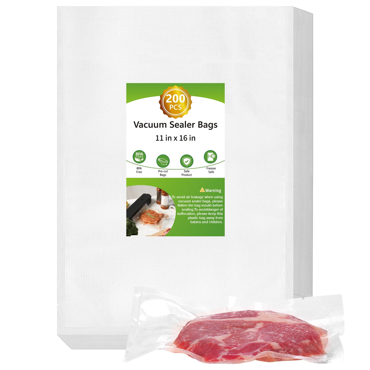 Vacuum Sealer Bags for Food Storage, 8" x 12" Vacuum Seal Bags, 200 Count