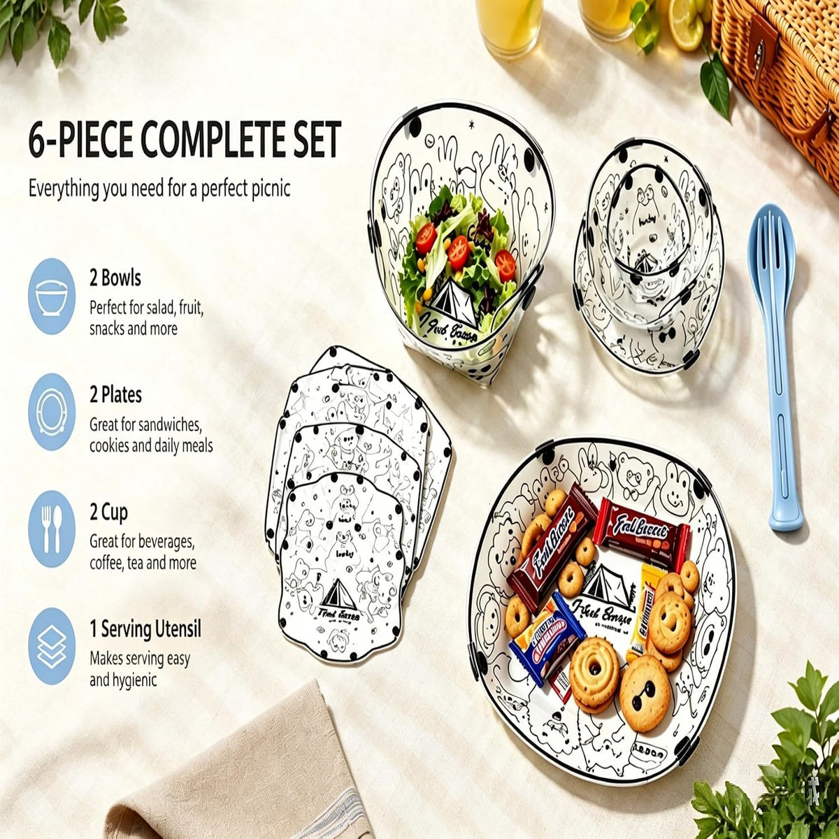 Collapsible Camping Tableware Set - 6 Pack Foldable Cups, Bowls & Plates Combo with Utensils, Lightweight, Portable, Easy to Clean & Heat Resistant for Picnic, Hiking, Travel, RV