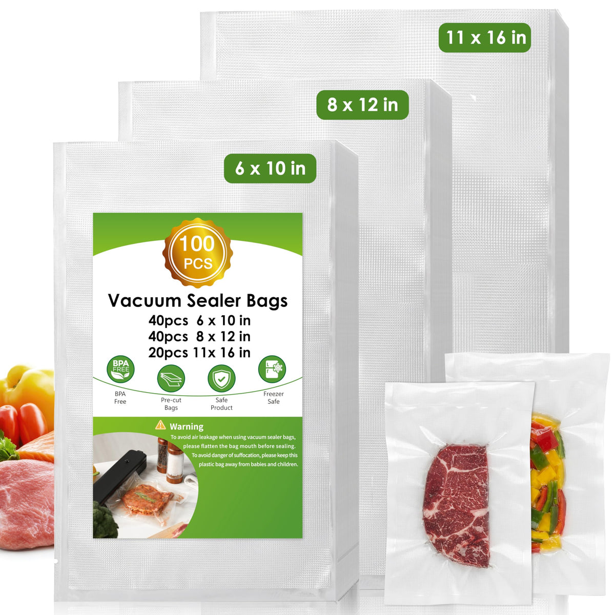 Vacuum Sealer Bags for Food Storage, 8" x 12" Vacuum Seal Bags, 200 Count