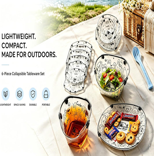 Collapsible Camping Tableware Set - 6 Pack Foldable Cups, Bowls & Plates Combo with Utensils, Lightweight, Portable, Easy to Clean & Heat Resistant for Picnic, Hiking, Travel, RV