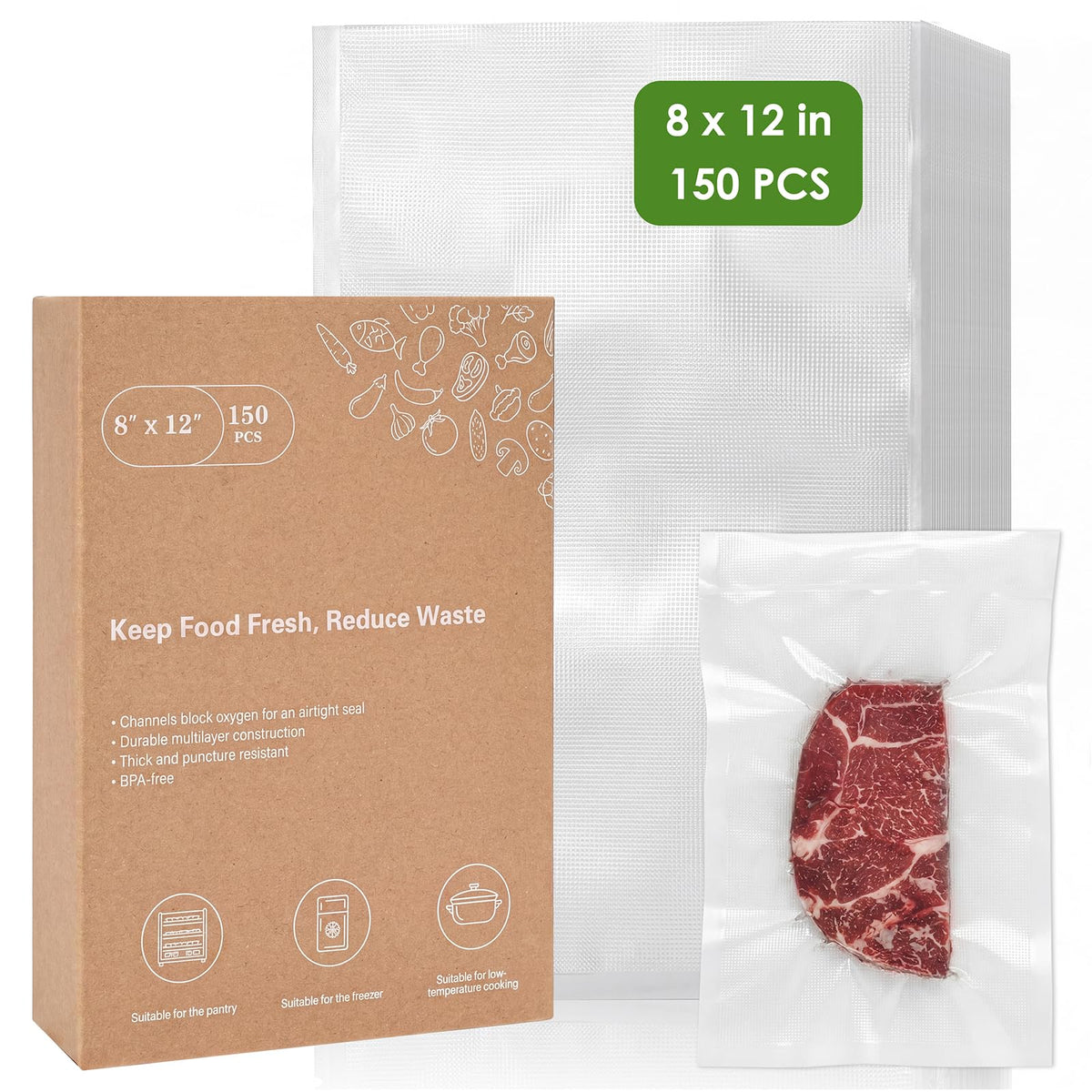 Vacuum Sealer Bags for Food Storage, 150pcs Precut Pint, Quart & Gallon