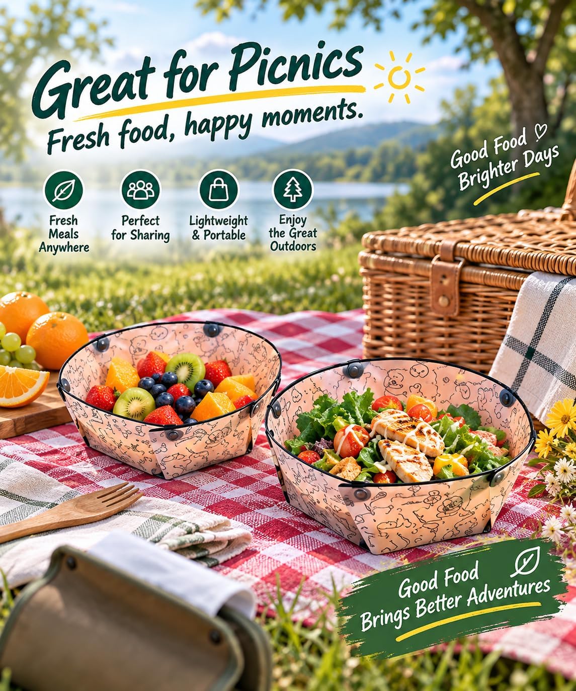 Collapsible Bowl and Plate Set with Cup, 3-Piece Portable Folding Tableware, Snap Button Fold-Flat Bowl, Plate and Cup for Camping Picnic Travel