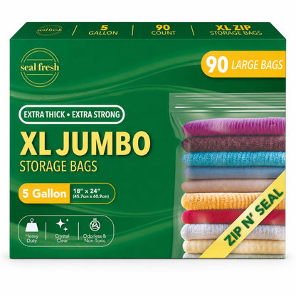 Seal Fresh 3 Gallon Large Plastic Storage Bags - 16 x 18 Inch (15 Count) - Reusable Write-On XXL Extra Large Big Oversized Clear Jumbo Zip Top Bags with Sealable Zipper for Clothes, Travel, Moving