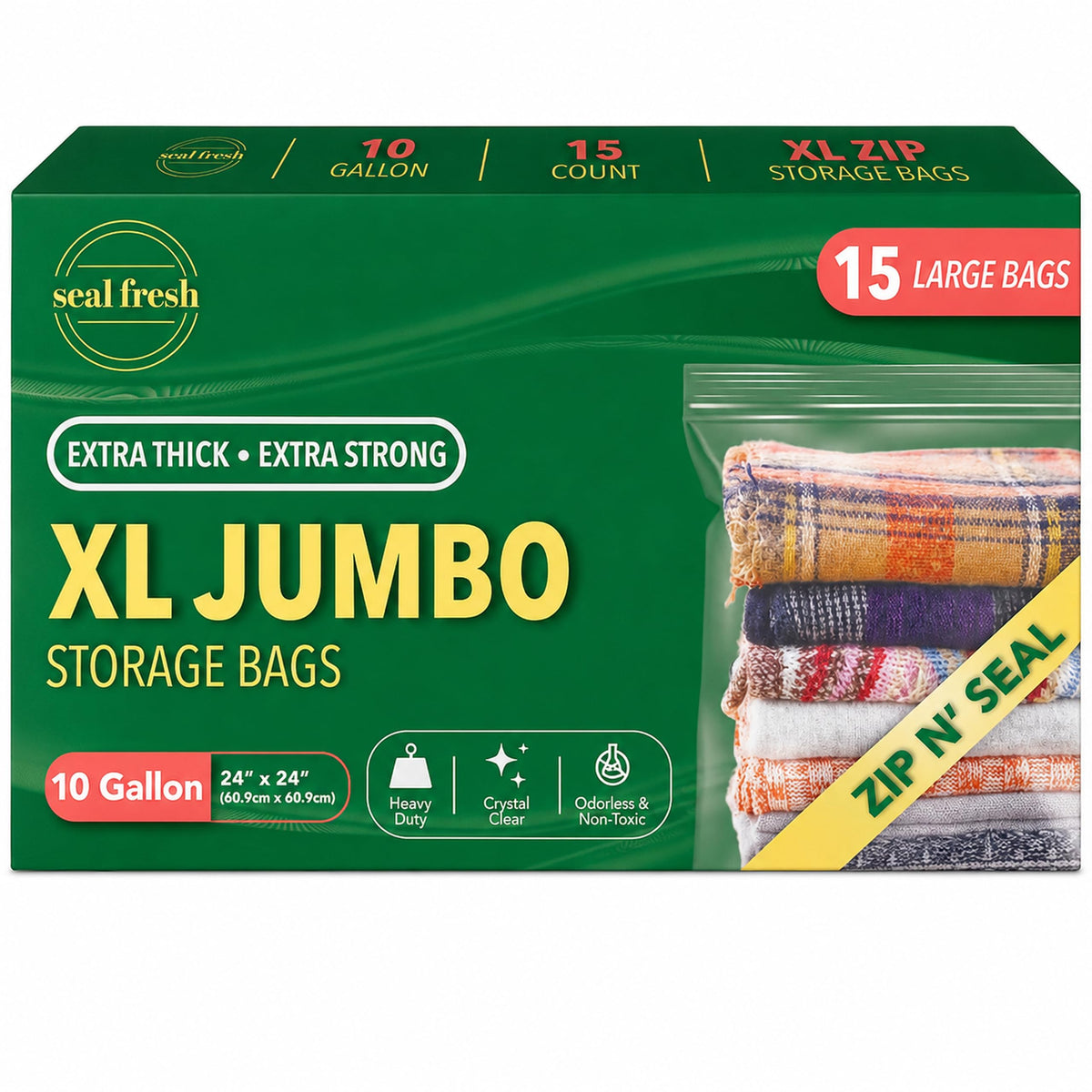 Seal Fresh 3 Gallon Large Plastic Storage Bags - 16 x 18 Inch (15 Count) - Reusable Write-On XXL Extra Large Big Oversized Clear Jumbo Zip Top Bags with Sealable Zipper for Clothes, Travel, Moving