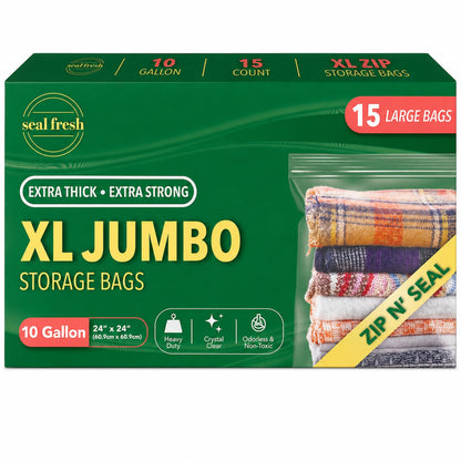 Seal Fresh 3 Gallon Large Plastic Storage Bags - 16 x 18 Inch (15 Count) - Reusable Write-On XXL Extra Large Big Oversized Clear Jumbo Zip Top Bags with Sealable Zipper for Clothes, Travel, Moving