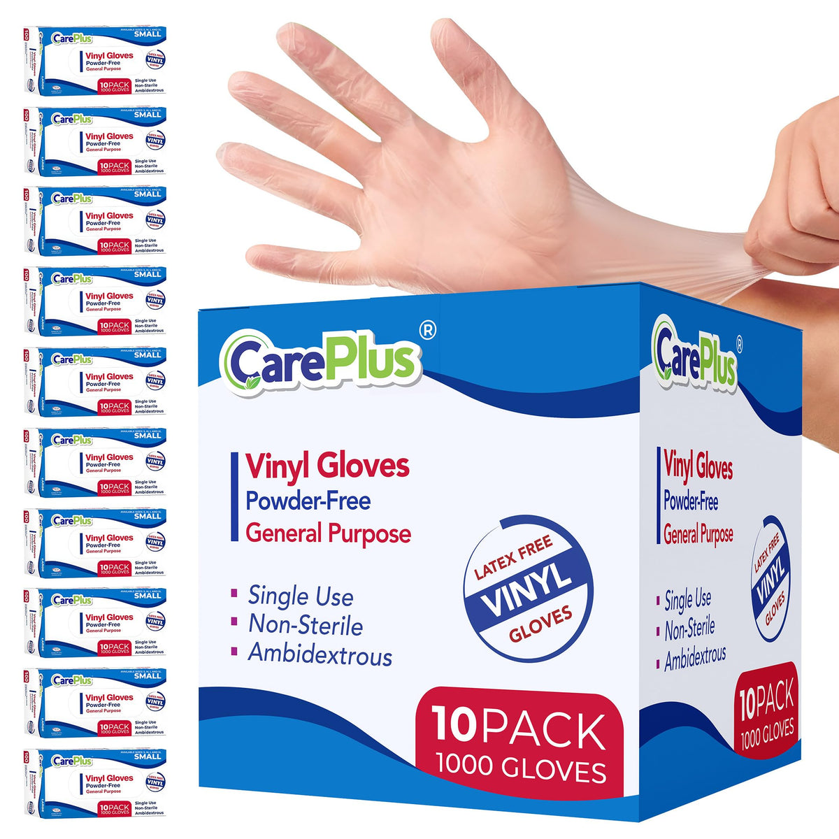 CARE PLUS Vinyl Gloves Clear Medium, Disposable Latex Free, 100 Count