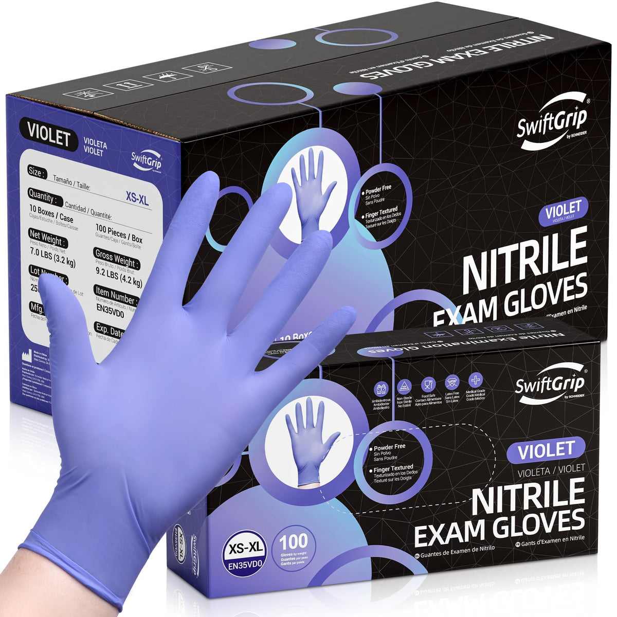 SwiftGrip Disposable Nitrile Exam Gloves, 3mil, Medium, Box of 100, Violet Nitrile Gloves Disposable Latex Free for Medical, Cleaning, Cooking & Esthetician, Food-Safe, Powder-Free, Purple