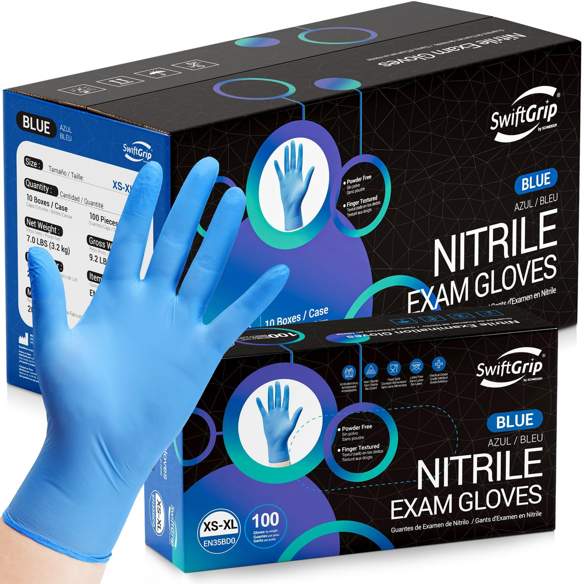 SwiftGrip Disposable Nitrile Exam Gloves, Blue, Latex Free, Medical Gloves for Cleaning, Food-Safe, Powder Free, Non-Sterile