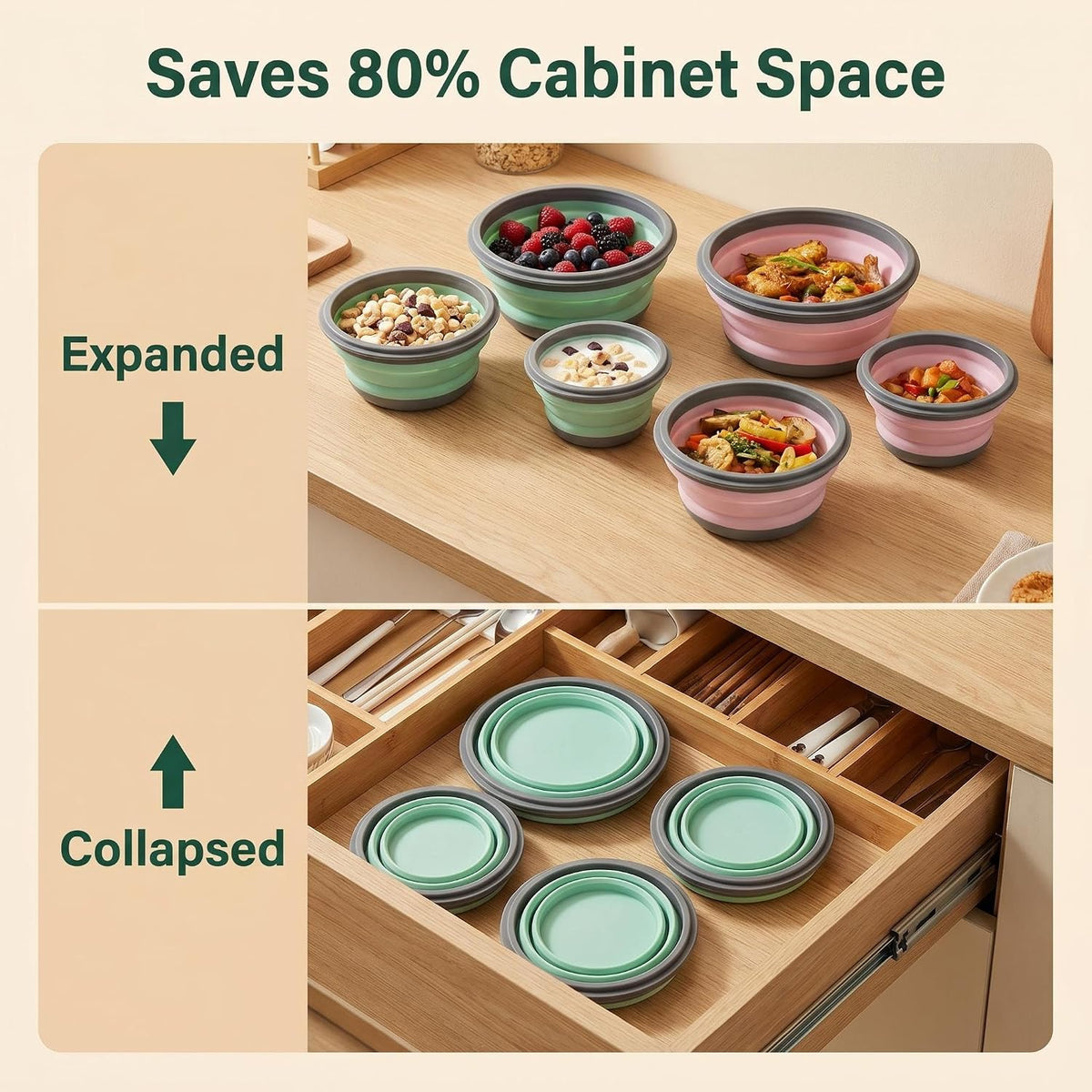 Collapsible Silicone Bowls with Lids, 3 Pack Food Grade Foldable Camping Bowl Set, Portable Travel Bowls for Salad, Ramen, Lunch, Outdoor Collapsible Food Storage Containers