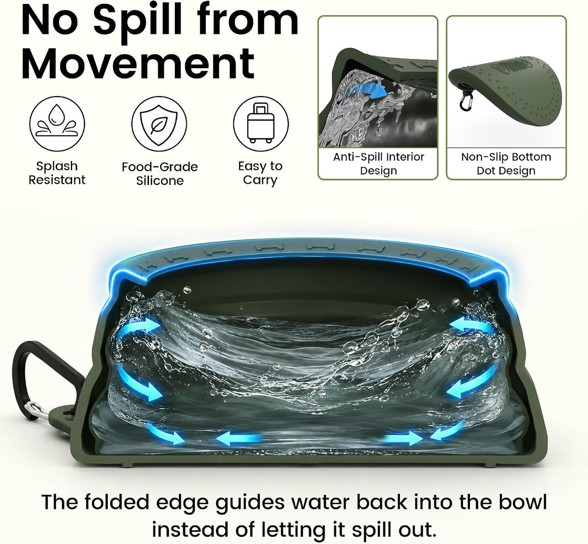 OHMO Spill Proof Collapsible Dog Bowl, 34oz Portable Dog Water Bowl