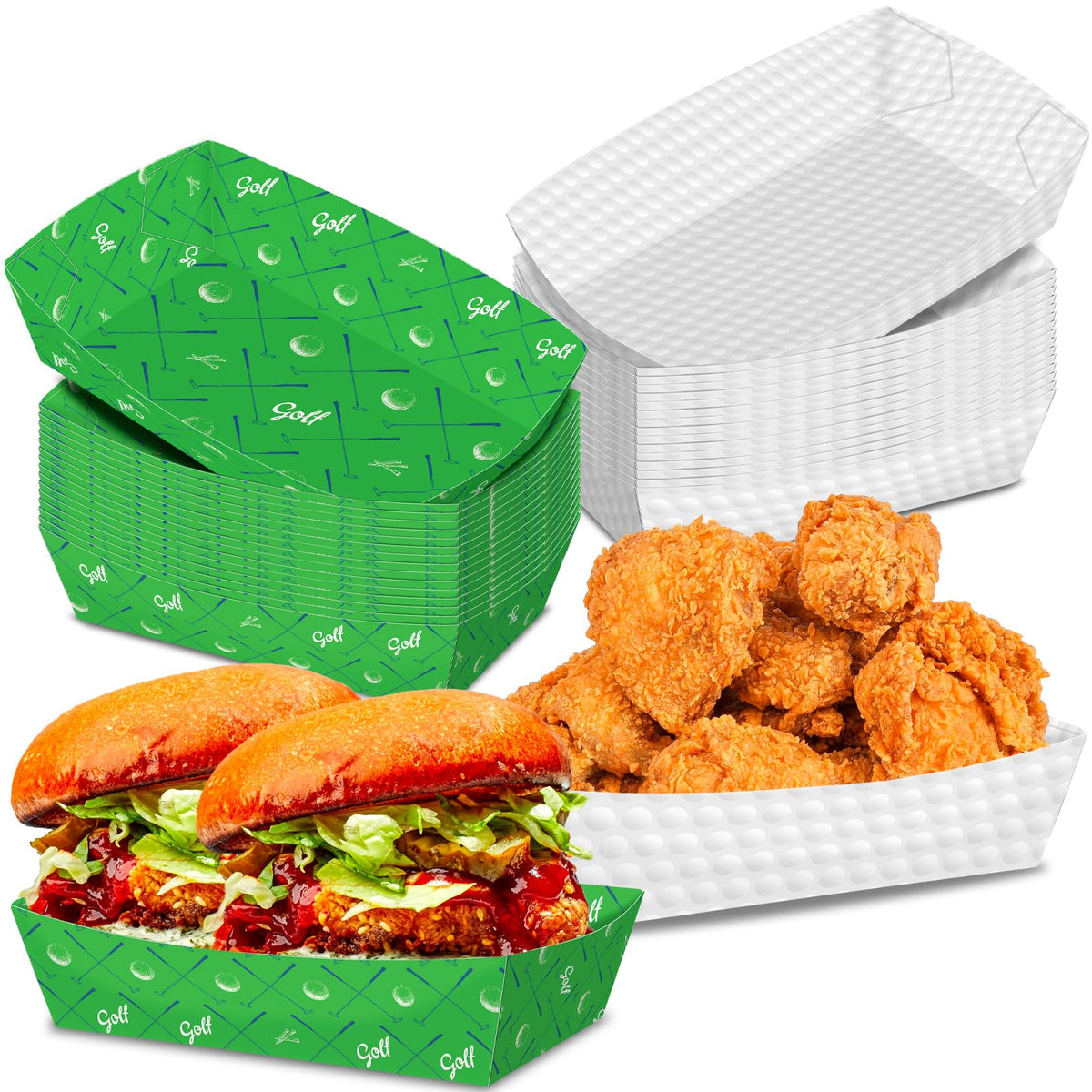 No Folding Required 100 Pack 2 Lb Golf Party Favors Large Golf Plates Paper Serving Trays Nachos Food Boats Disposable Bowls for Golf Birthday Party Decorations