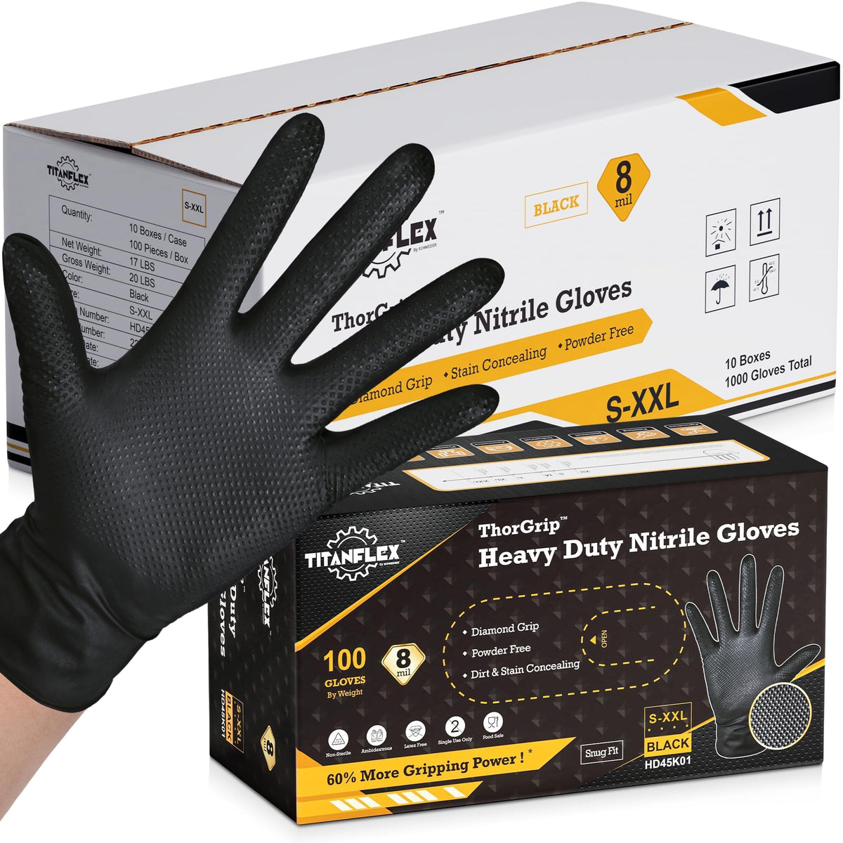 TitanFlex Heavy Duty Black Industrial Nitrile Gloves with Raised Diamond Texture, Latex Free 8mil