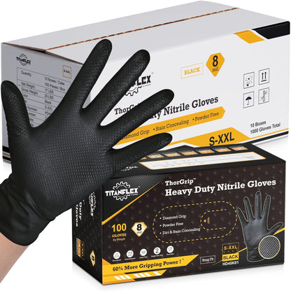 TitanFlex Heavy Duty Black Industrial Nitrile Gloves with Raised Diamond Texture, Latex Free 8mil