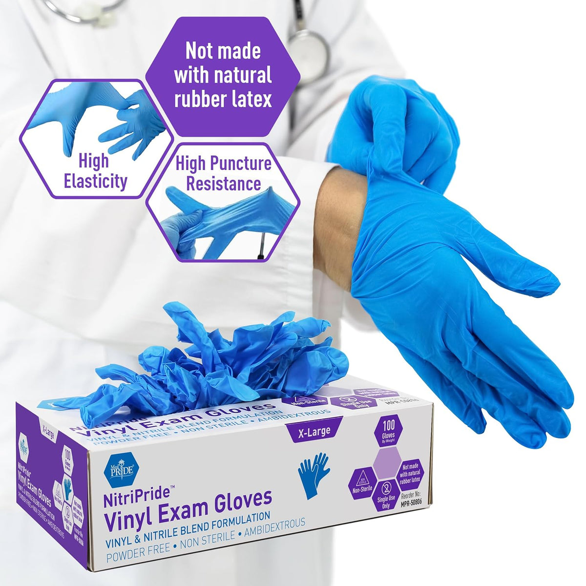 MED PRIDE Nitrile/Vinyl Blend Exam Gloves,Powder-Free,Blue,X-Large,100-Ct